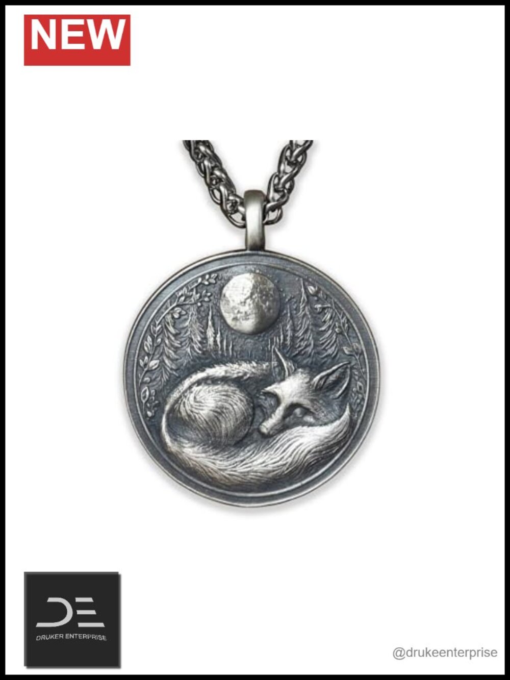 Handmade Sterling Silver Sleeping Fox Moon Pendant Necklace 22" Chain